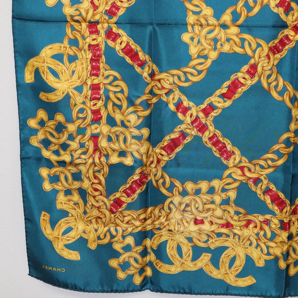 CHANEL Chain Accessory Pattern Scarf Silk Blue CC Auth am11561A