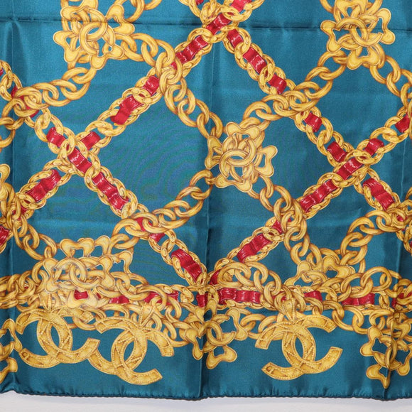 CHANEL Chain Accessory Pattern Scarf Silk Blue CC Auth am11561A