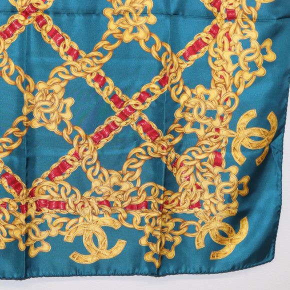 CHANEL Chain Accessory Pattern Scarf Silk Blue CC Auth am11561A