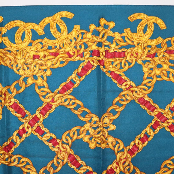 CHANEL Chain Accessory Pattern Scarf Silk Blue CC Auth am11561A