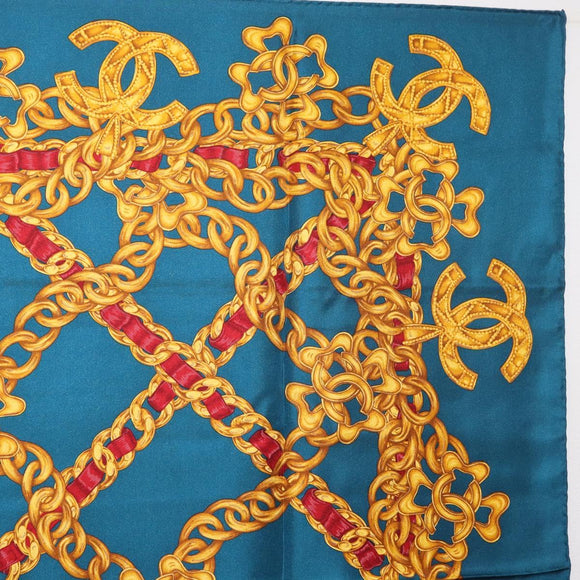 CHANEL Chain Accessory Pattern Scarf Silk Blue CC Auth am11561A