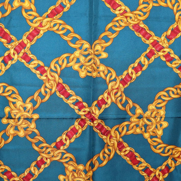CHANEL Chain Accessory Pattern Scarf Silk Blue CC Auth am11561A