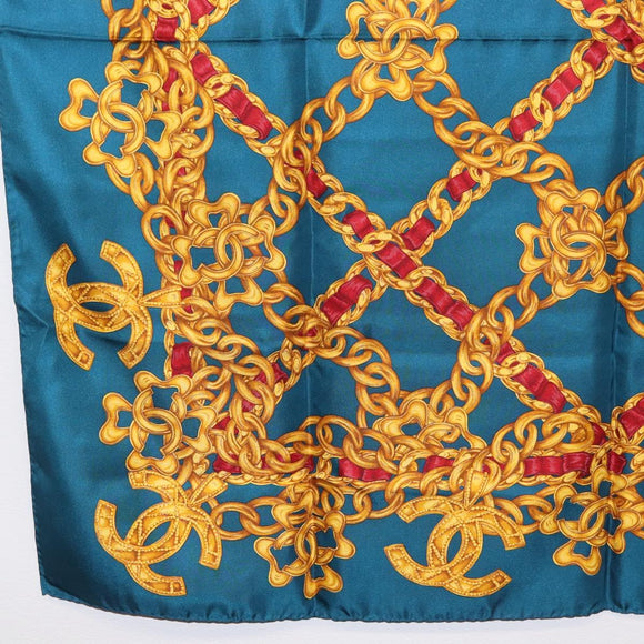 CHANEL Chain Accessory Pattern Scarf Silk Blue CC Auth am11561A