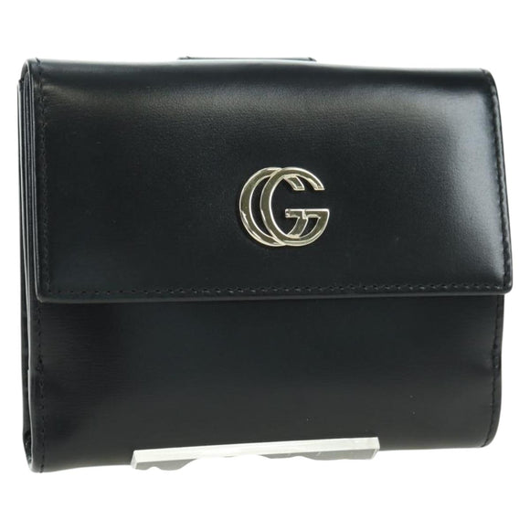 GUCCI GG Trifold Wallet Leather Black Champagne Gold 035 2888 2240 Auth am11621V