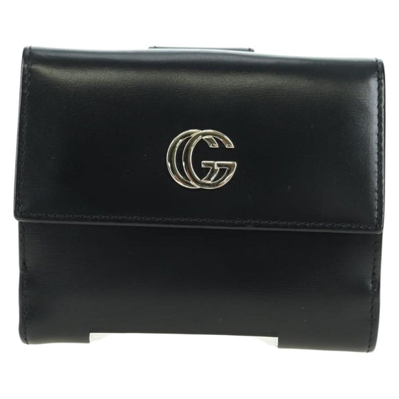 GUCCI GG Trifold Wallet Leather Black Champagne Gold 035 2888 2240 Auth am11621V