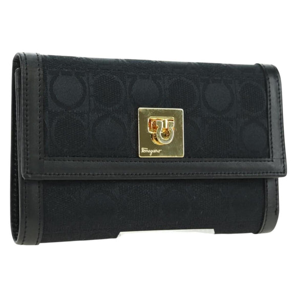 Salvatore Ferragamo Gancini Trifold Wallet Canvas Leather Black Gold am11632V