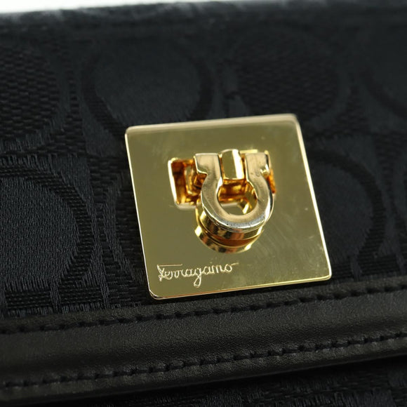 Salvatore Ferragamo Gancini Trifold Wallet Canvas Leather Black Gold am11632V