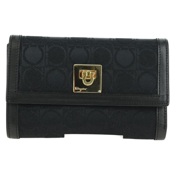 Salvatore Ferragamo Gancini Trifold Wallet Canvas Leather Black Gold am11632V