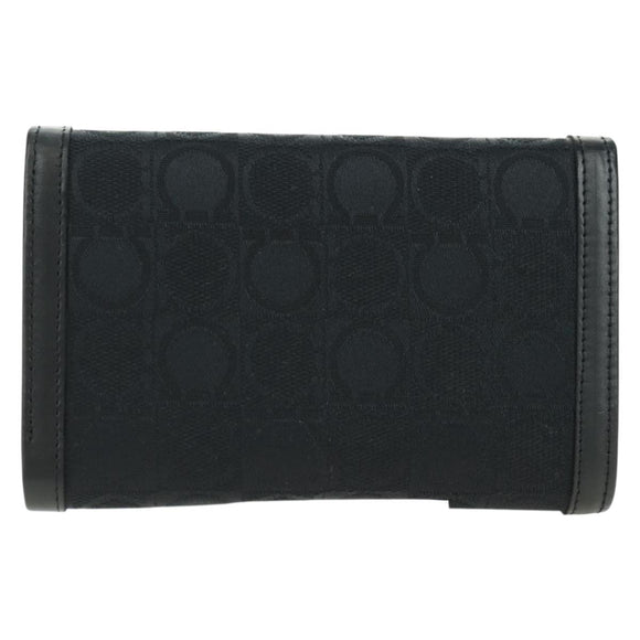 Salvatore Ferragamo Gancini Trifold Wallet Canvas Leather Black Gold am11632V