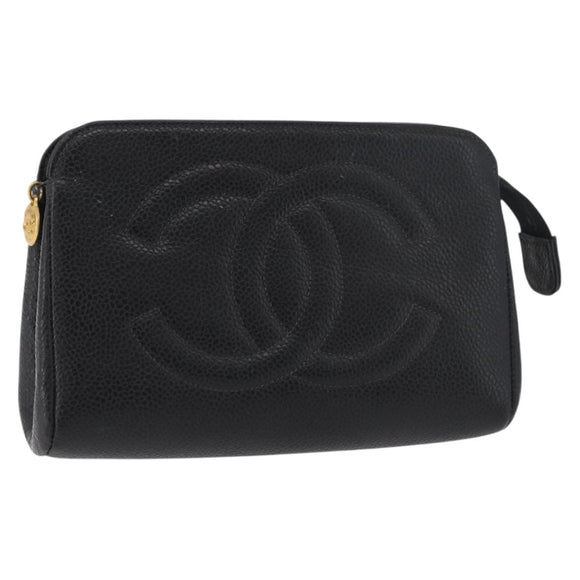 CHANEL Etui Caviarleer Zwart Goud CC Auth am11642