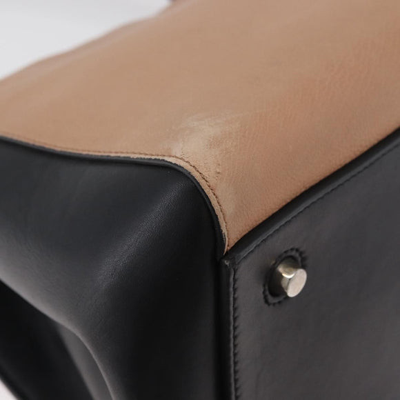 CELINE Edge Handtasche Leder Beige Schwarz Silber Auth am11657A