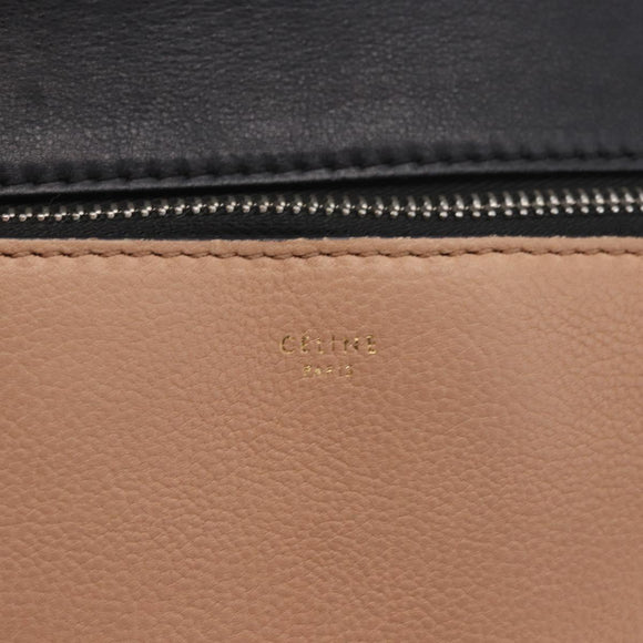 CELINE Edge Handtasche Leder Beige Schwarz Silber Auth am11657A