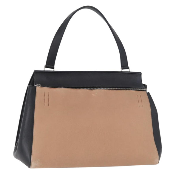 CELINE Edge Handtasche Leder Beige Schwarz Silber Auth am11657A