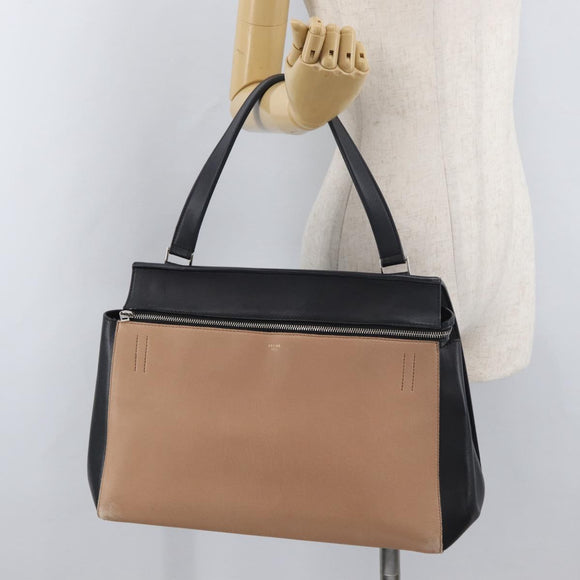 CELINE Edge Handtasche Leder Beige Schwarz Silber Auth am11657A