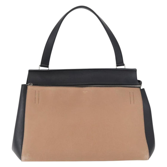 CELINE Edge Handtasche Leder Beige Schwarz Silber Auth am11657A