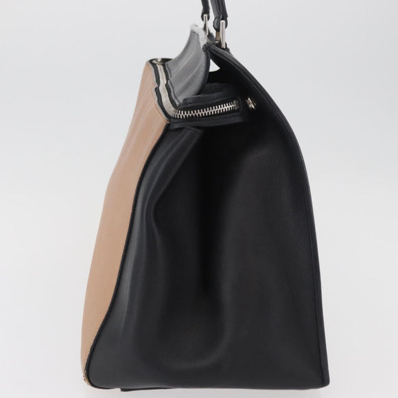 CELINE Edge Handtasche Leder Beige Schwarz Silber Auth am11657A