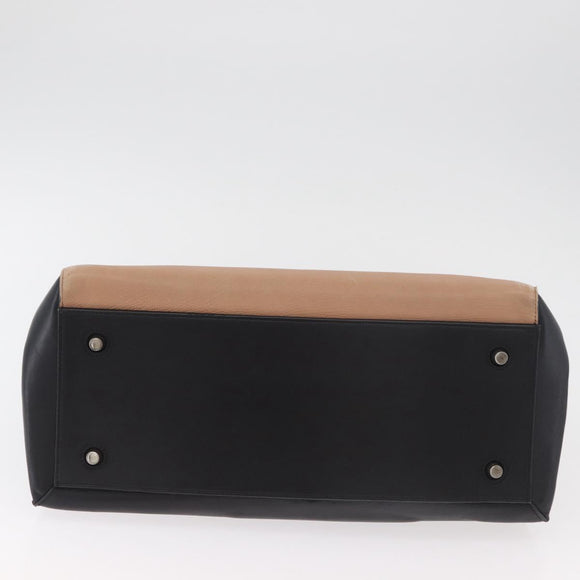 CELINE Edge Handtasche Leder Beige Schwarz Silber Auth am11657A