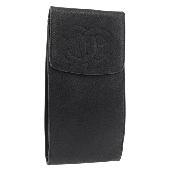 CHANEL Glasses Case Caviar Skin Black Gold CC Auth am11661