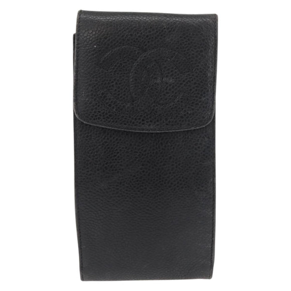 CHANEL Glasses Case Caviar Skin Black Gold CC Auth am11661