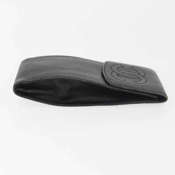 CHANEL Glasses Case Caviar Skin Black Gold CC Auth am11661