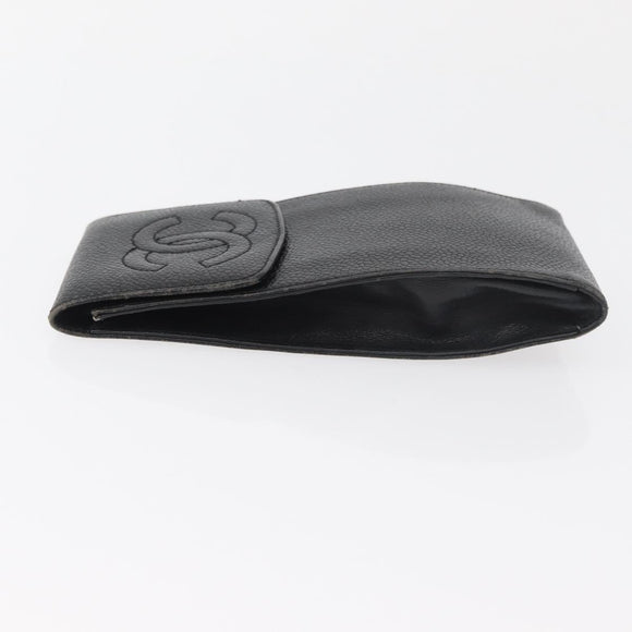 CHANEL Glasses Case Caviar Skin Black Gold CC Auth am11661