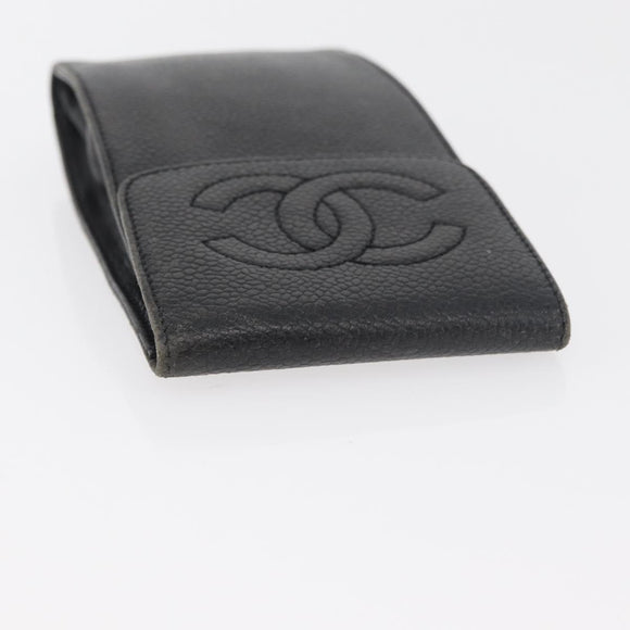 CHANEL Glasses Case Caviar Skin Black Gold CC Auth am11661