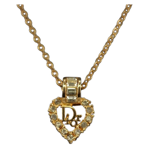 Christian Dior CD Rhinestone Heart Necklace metal Gold Auth am11672V
