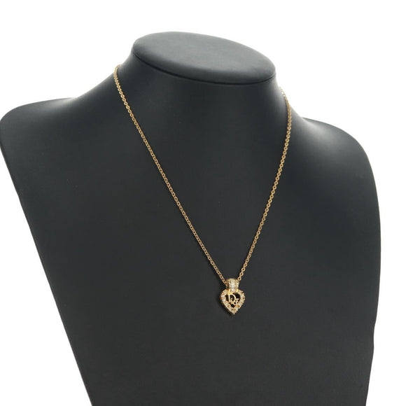 Christian Dior CD Rhinestone Heart Necklace metal Gold Auth am11672V