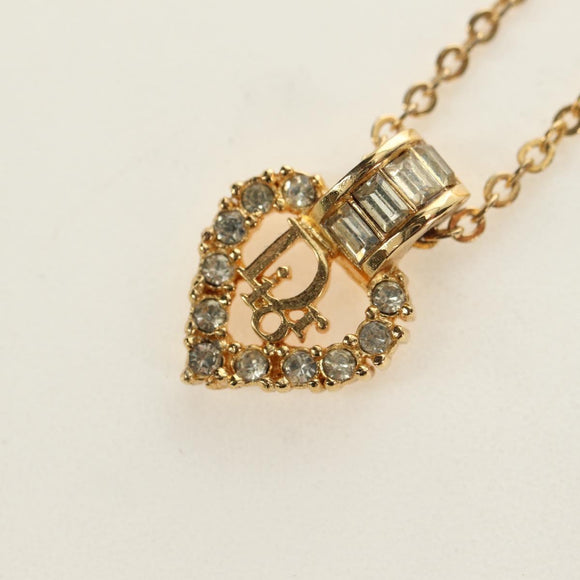 Christian Dior CD Rhinestone Heart Necklace metal Gold Auth am11672V