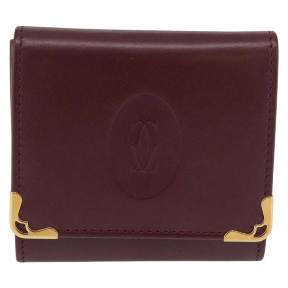 CARTIER Must Line Coin Purse Leather Bordeaux Gold Auth am11712V