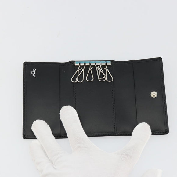 CARTIER Pasha Six Hooks Key Case Leather Black Silver Auth am11724V