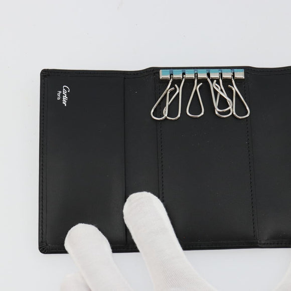CARTIER Pasha Six Hooks Key Case Leather Black Silver Auth am11724V