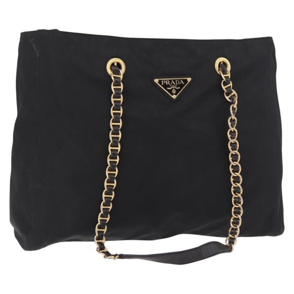 PRADA Chain Tote Bag Nylon Black Gold Auth am11728A