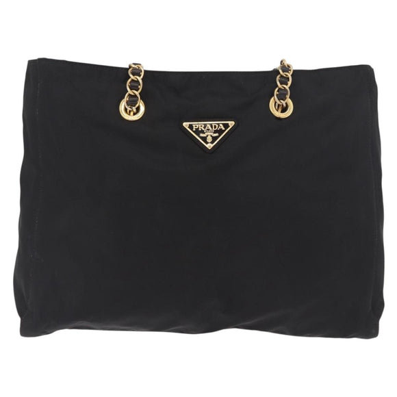 PRADA Chain Tote Bag Nylon Black Gold Auth am11728A