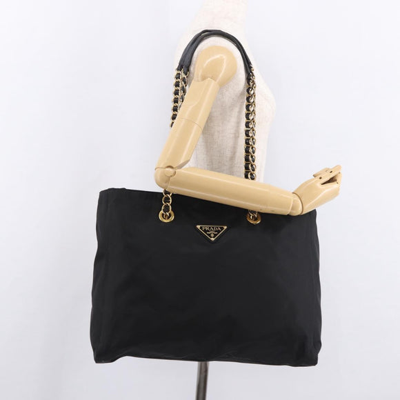 PRADA Chain Tote Bag Nylon Black Gold Auth am11728A