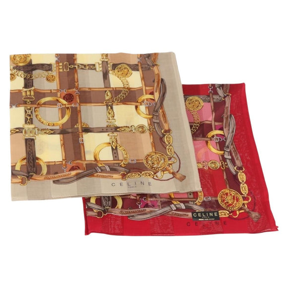 CELINE Handkerchief Cotton 2 Pieces Set Red Beige Auth am11739A