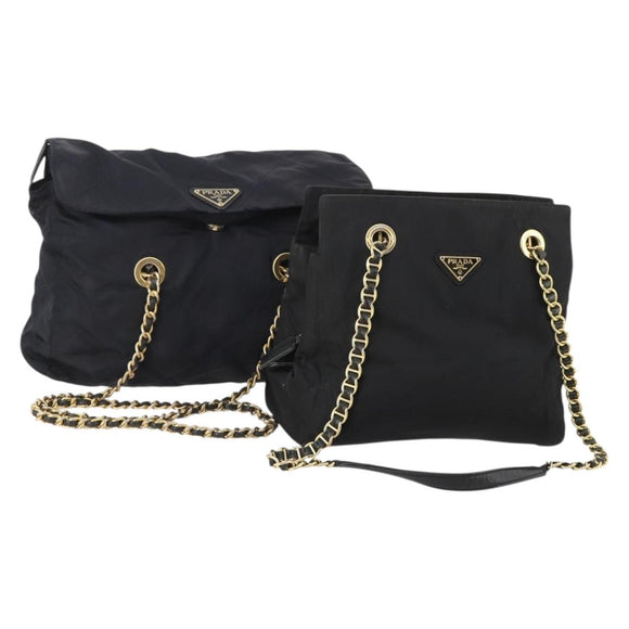 PRADA Chain Tote Bag Nylon 2 Set Navy Black Auth am11754