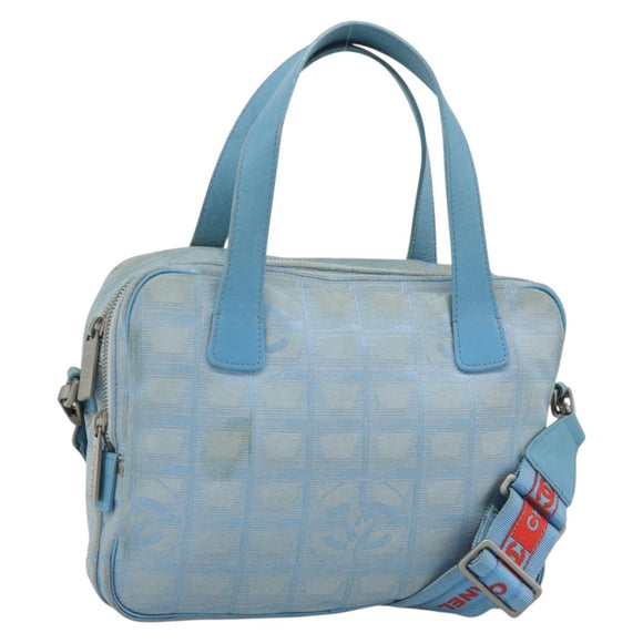 CHANEL New Travel line Hand Bag Canvas 2way Light Blue Silver CC Auth am11756
