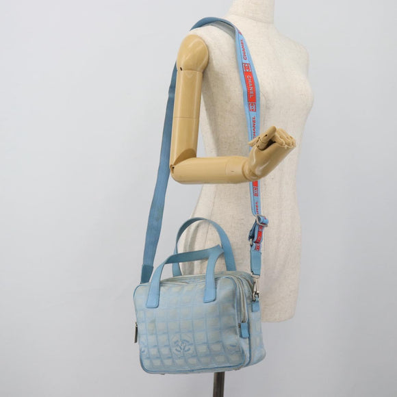 CHANEL New Travel line Hand Bag Canvas 2way Light Blue Silver CC Auth am11756