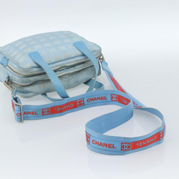 CHANEL New Travel line Hand Bag Canvas 2way Light Blue Silver CC Auth am11756