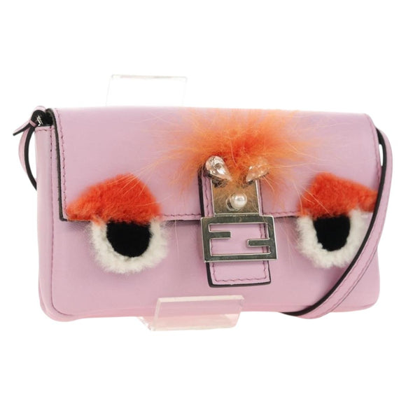 FENDI Monster Micro Bucket Shoulder Bag Leather Pink Silver Auth am11769M