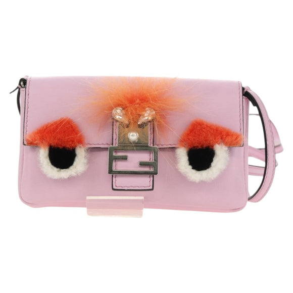 FENDI Monster Micro Bucket Shoulder Bag Leather Pink Silver Auth am11769M