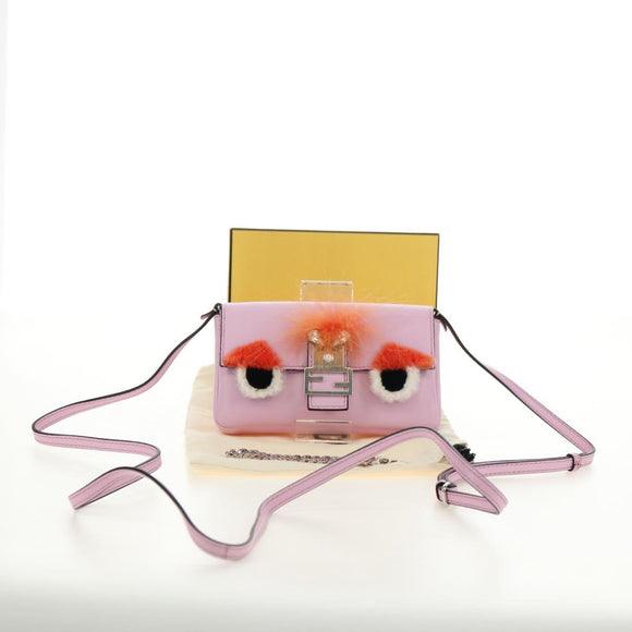 FENDI Monster Micro Bucket Shoulder Bag Leather Pink Silver Auth am11769M
