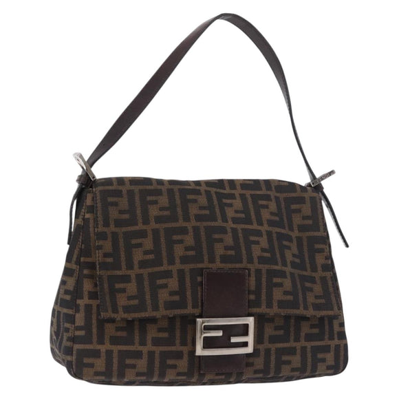 FENDI Zucca Canvas Mamma Baguette Shoulder Bag Black Brown Auth am11778V