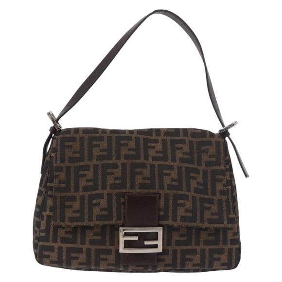 FENDI Zucca Canvas Mamma Baguette Shoulder Bag Black Brown Auth am11778V