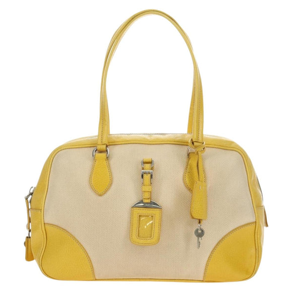 PRADA Handtasche Canvas Leder Beige Gelb Silber Auth am11779V