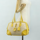PRADA Handtasche Canvas Leder Beige Gelb Silber Auth am11779V-27