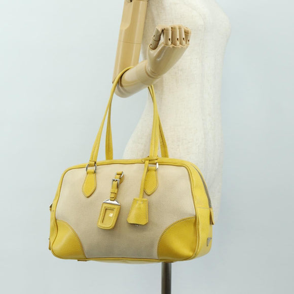 PRADA Handtasche Canvas Leder Beige Gelb Silber Auth am11779V