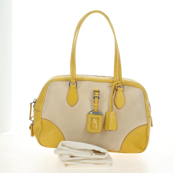 PRADA Handtasche Canvas Leder Beige Gelb Silber Auth am11779V