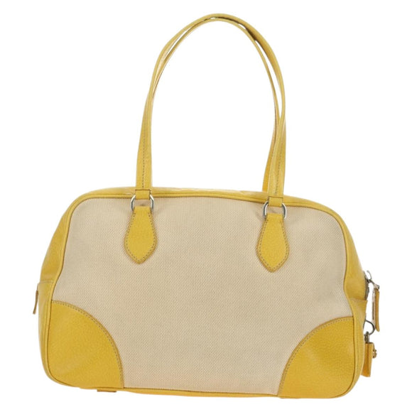 PRADA Handtasche Canvas Leder Beige Gelb Silber Auth am11779V